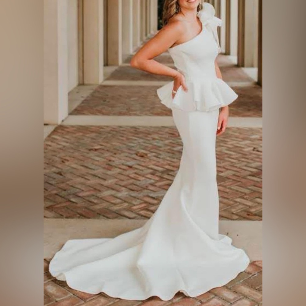 Jovani White One-Shoulder Peplum Mermaid Gown
